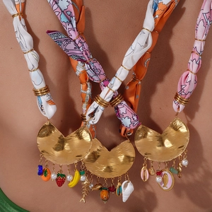 Bohemian silk scarf necklace with golden hammered pendants and tropical fruit charms