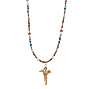Handmade beaded necklace with natural stones and a vintage golden angel charm pendant