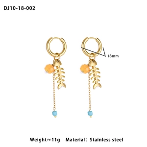 Detail of stainless steel hoop earrings with fishbone charm and colorful stone beads