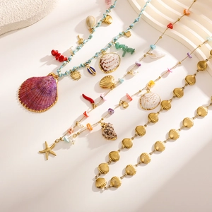 Bohemian stainless steel body chain with natural shells, pearls and colorful stones
