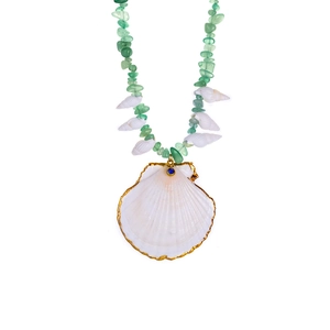 Green aventurine beaded necklace with white shell pendant for beach vacations