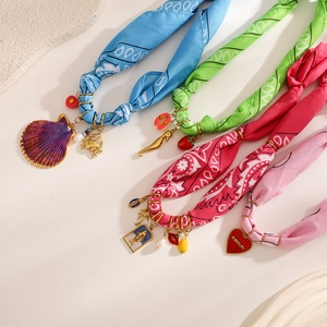 Bohemian colorful fabric scarf necklaces with gold seashell and heart charms set