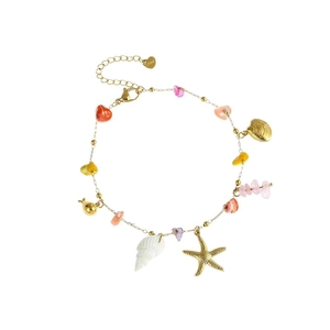 Gold stainless steel anklet with colorful natural stones and ocean-themed charms