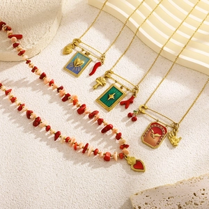 Bohemian gold paperclip chain necklace set with colorful enamel charms and beads