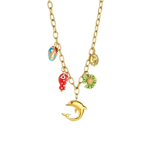Collana in acciaio dorato con ciondoli marini colorati e pendenti a forma di fiore