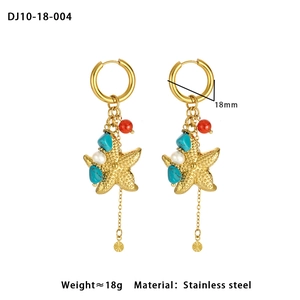 Detail of stainless steel hoop earrings with starfish charms and turquoise beads