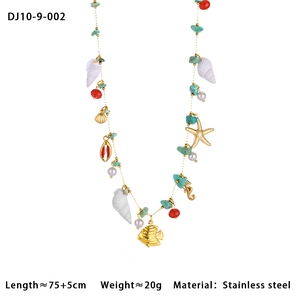 Detail of beach body chain with sea shells, starfish charms and colorful natural stones