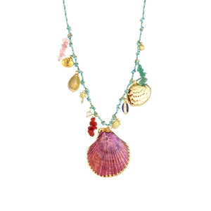 Bohemian ocean style necklace with purple shell, starfish, and colorful natural stones