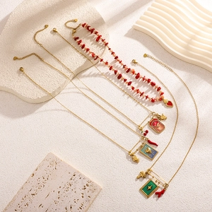 Bohemian multilayer gold paperclip chain necklace set with colorful enamel charms
