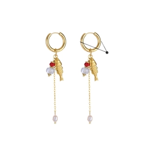 Ocean style stainless steel hoop earrings with gold fish charms and natural stone beads