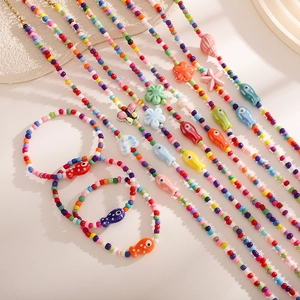 Colorful beaded beach necklace and bracelet set with sea fish and flower pendants