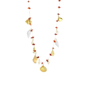 Golden multi-layered body waist chain with sea shells, fish charms and coral beads