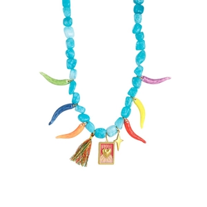 Colorful chili and turquoise stone beaded necklace with gold love heart pendant