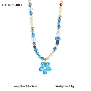 Detail of beaded necklace with blue flower mushroom and evil eye beads 40+5cm