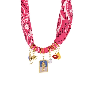 Bohemian silk scarf necklace with tropical gold pendants, pearls and paisley patterns