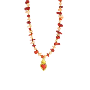 Retro beaded necklace with red resin beads and golden heart flame pendant on white background
