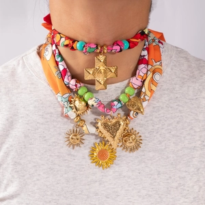 Bohemian Stainless Steel Scarf Necklace For Women Vintage Woven Pattern Multicolor Beads Heart Sun Pendant Ethnic Choker Jewelry