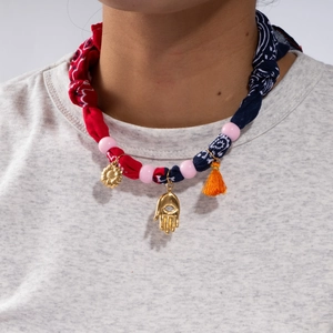Ethnic style bandana cord necklace with Hamsa hand and sunflower charms for women