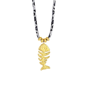 Golden hammered fishbone pendant necklace with leopard print fabric cord for women