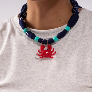 Bohemian Printed Scarf Necklace Stainless Steel Paisley Fabric Cord Resin Crab Sunflower Hamsa Hand Pendant Beaded Jewelry