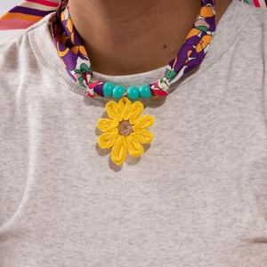 Floral fabric necklace with yellow woven sunflower pendant and turquoise beads