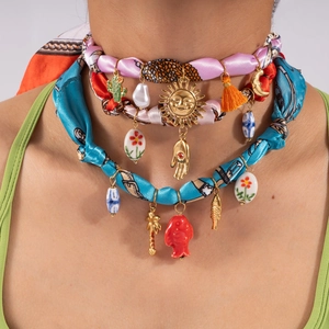 Bohemian multi-layer silk scarf necklace with gold sun palm charms and colorful beads