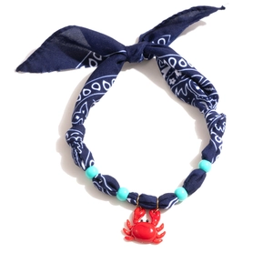 Deep blue paisley scarf necklace with turquoise beads and red crab pendant for pets