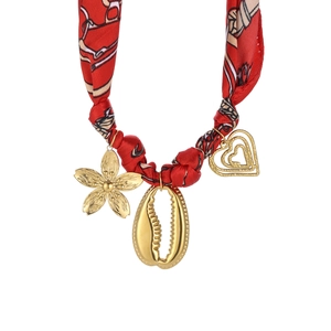 Red printed scarf necklace featuring gold flower shell and double heart charms
