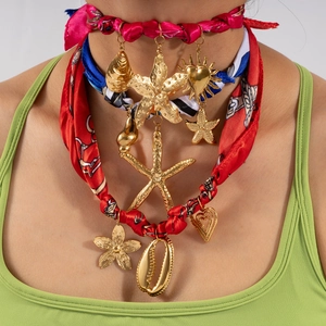 Titanium Steel Pendant Necklace with Printed Satin Scarf Chain Bohemian Marine Shell Starfish Heart Flower Jewelry For Women