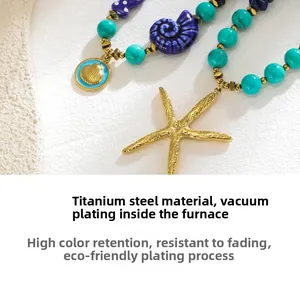 Detail of starfish and shell pendants on lapis lazuli and turquoise beaded necklace