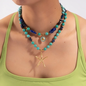 Vintage Stainless Steel Natural Stone Starfish Shell Pendant Beaded Necklace Bohemian Sea Theme Jewelry For Women Gift