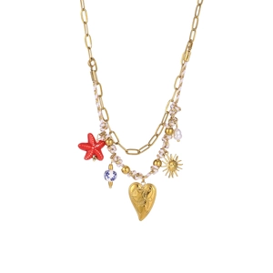 Collier bohème double rang doré avec pendentifs étoile de mer et perle baroque