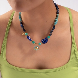 Bohemian stainless steel beaded necklace with lapis lazuli and sea shell pendant