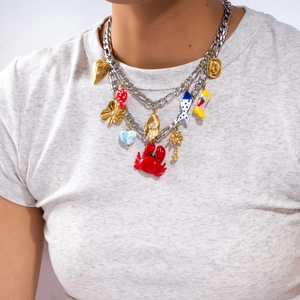 Collier à Pendentifs Multiples en Acier Inoxydable pour Femmes Chaîne Figaro Crabe Palmier Cœur Main de Fatma Émail Bijoux