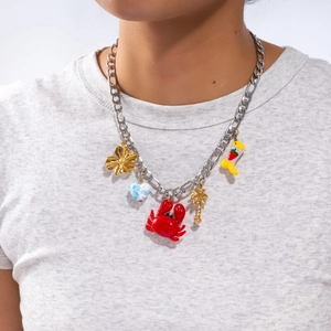 Collier chaîne Figaro en acier inoxydable pour femme avec pendentifs crabe et bottes