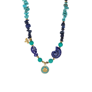 Detail of beaded necklace with blue turquoise, lapis stones, and golden sea shell charms