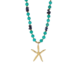 Bohemian beaded necklace featuring turquoise, lapis stones and a golden starfish pendant