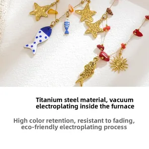 Detail of stainless steel necklace with gold starfish, blue fish charms and natural stones