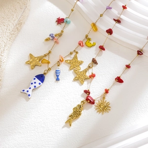 Bohemian gold stainless steel necklaces with starfish, fish pendants and natural stones