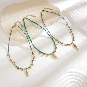 Bohemian natural stone beaded necklaces with gold fish pendants and faceted beads