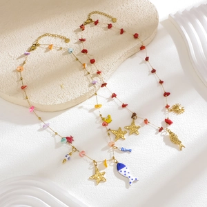 Gold stainless steel beach necklace with natural stones and sea animal pendants