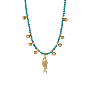Bohemian turquoise bead necklace with a detailed golden fish pendant for beach style