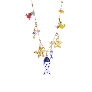 Stainless steel necklace with sea fish and starfish charms and natural stones