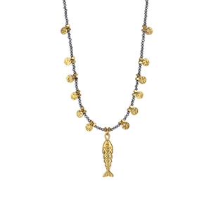 Detail of beaded necklace with gold fish pendant and hammered metal discs on grey beads