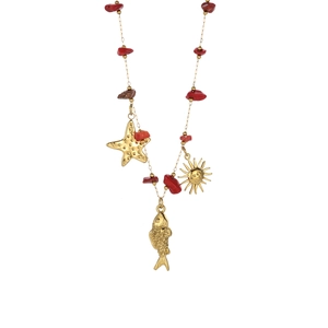 Detailed view of stainless steel chain necklace with red stones, starfish and sun charms