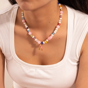 Handmade rainbow beaded necklace with golden letter A pendant for women beach jewelry