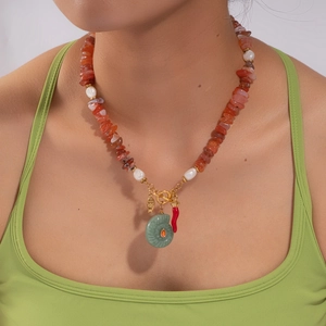 Collier Perlé Acier Inoxydable Aigue Marine Agate Künstliche Perle Baroque Coquillage Nautilus Fleur Papillon Bijoux Bohèmes