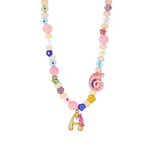 Colorful ocean-style beaded necklace with letter A pendant and pink seashell beads