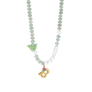 Detail of beaded necklace with green mineral stones, pearl, and letter B bird pendant