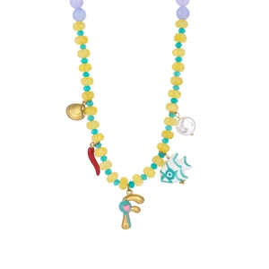 Close-up of colorful beaded necklace featuring seashell, chili, and fish charms